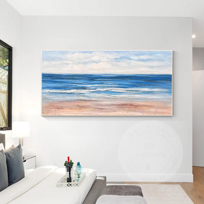 Beach Seascape Painting,Original Textured Painting on Canvas, White Blue Clouds, #3