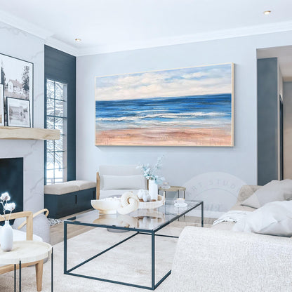 Beach Seascape Painting,Original Textured Painting on Canvas, White Blue Clouds, #4