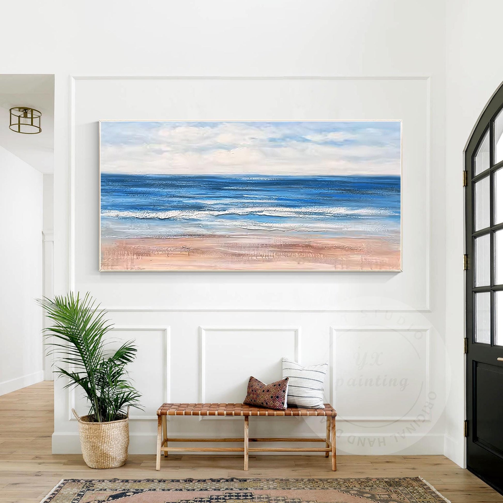 Beach Seascape Painting,Original Textured Painting on Canvas, White Blue Clouds, #5