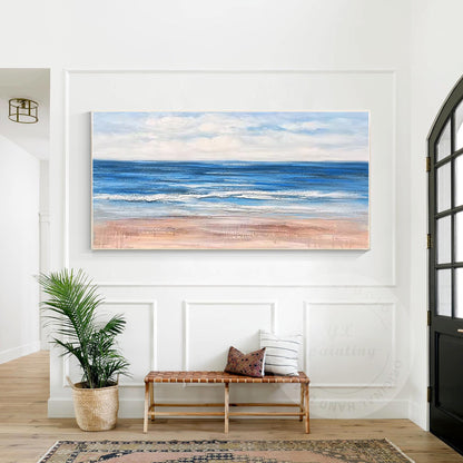 Beach Seascape Painting,Original Textured Painting on Canvas, White Blue Clouds, #5