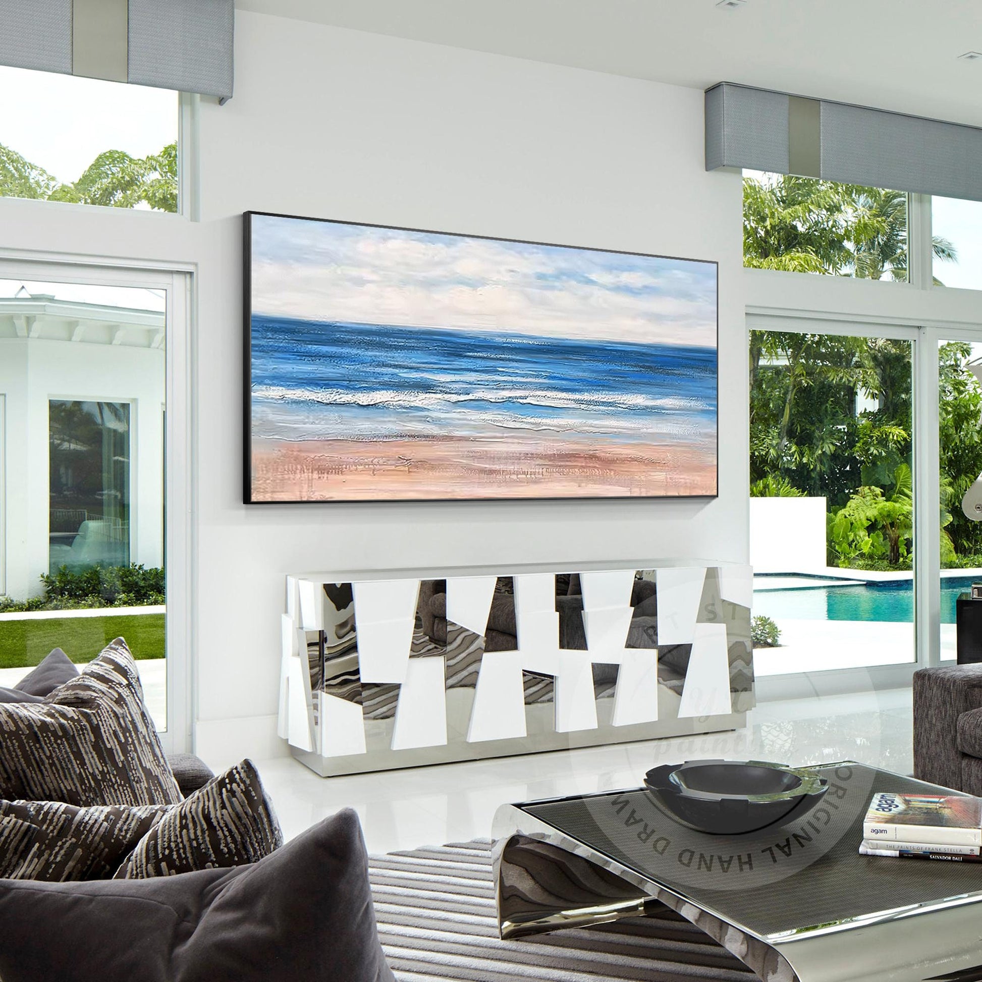 Beach Seascape Painting,Original Textured Painting on Canvas, White Blue Clouds, #1