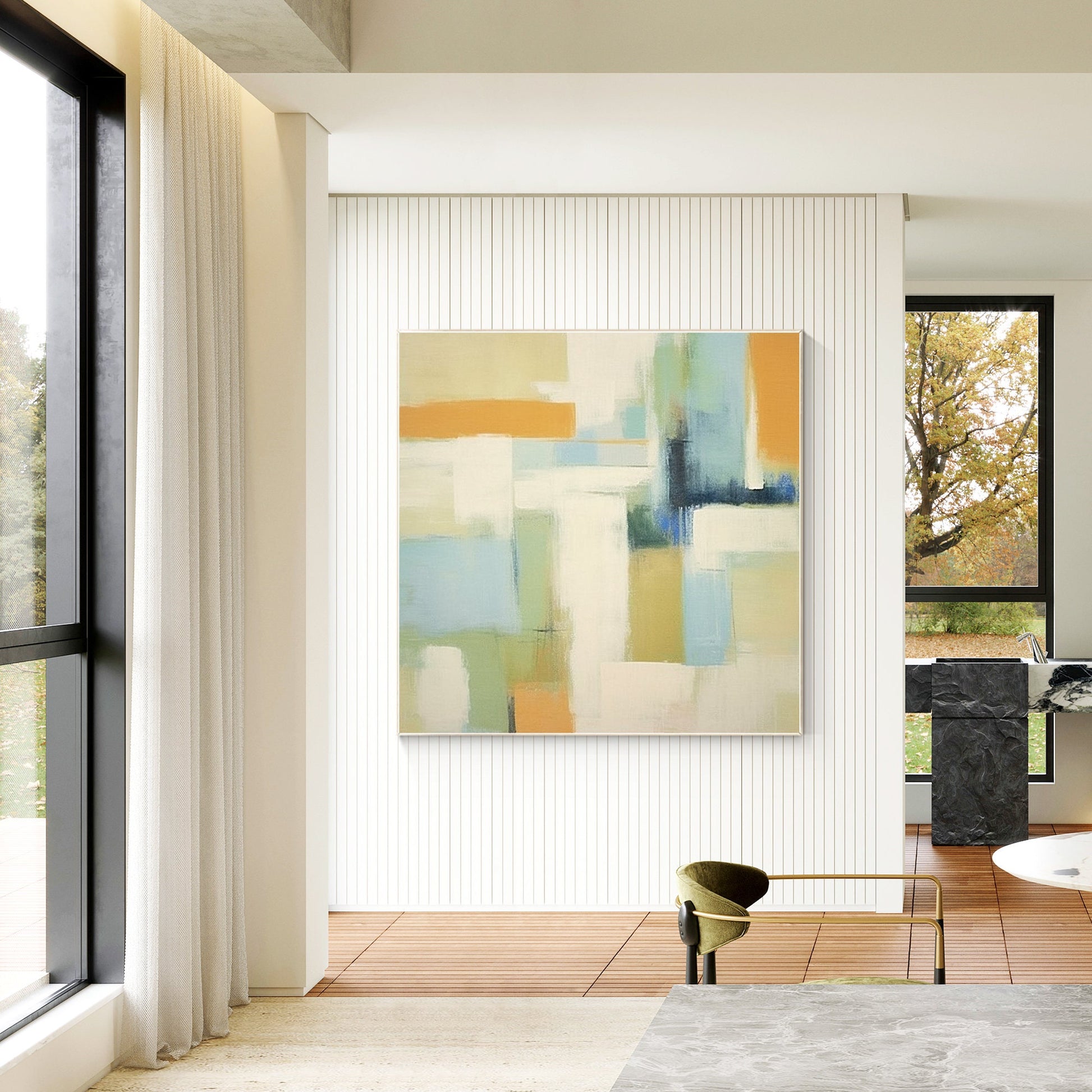 Beige Abstract Geometric Painting: Warm-Toned Square Canvas Wall Art #3