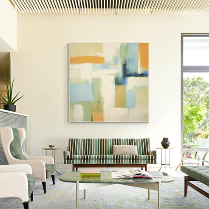 Beige Abstract Geometric Painting: Warm-Toned Square Canvas Wall Art #1