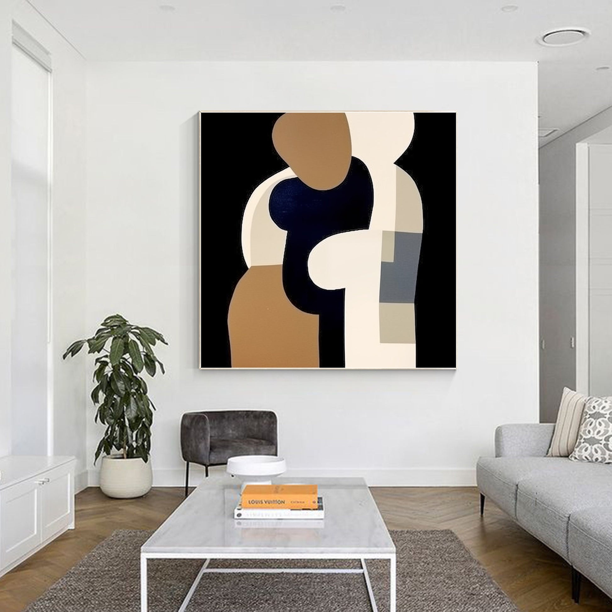Beige Black Brown Geometric Painting Original Painting On Canvas, Square Wall Ar #4