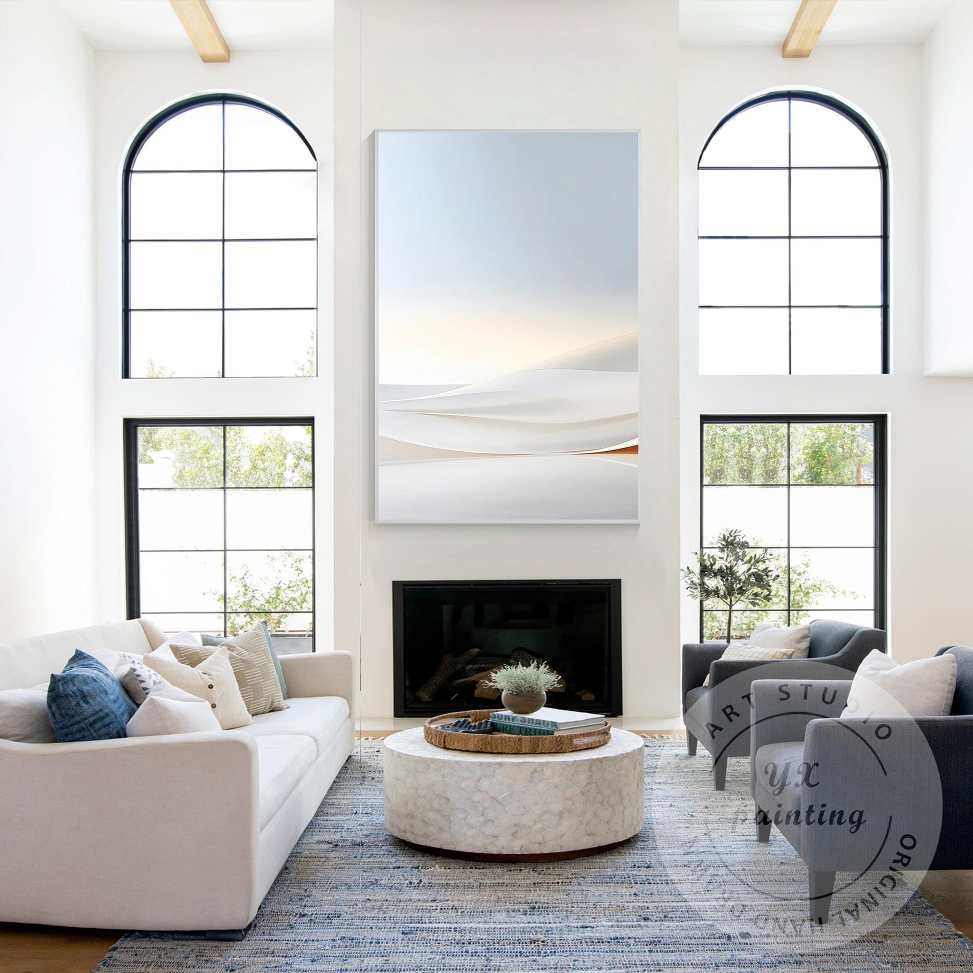 Beige Dawn Abstract Landscape Painting, Large Vertical Minimalist Canvas, Serene #4
