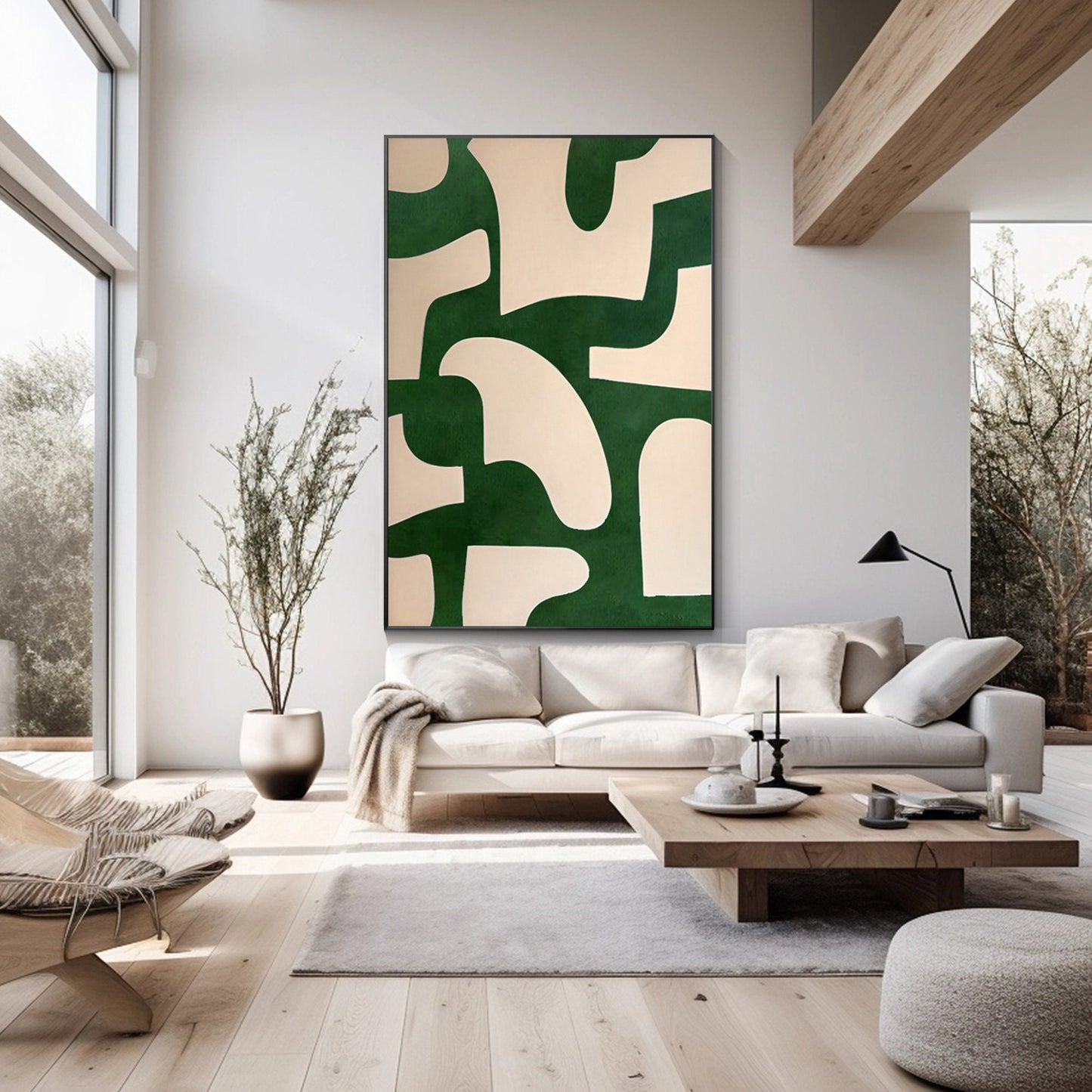 Beige Emerald Green Abstract Art Painting On Canvas, Minimalist Wall Art Vertica #2