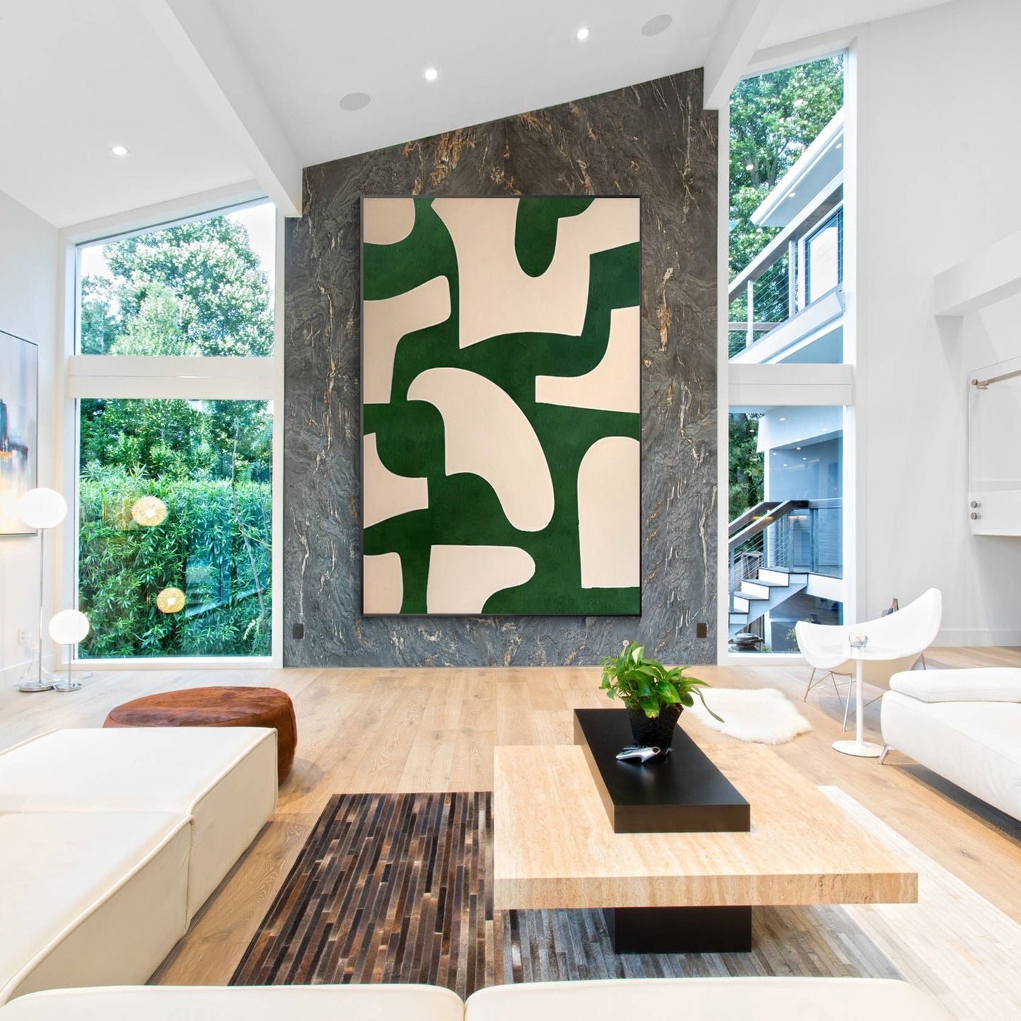 Beige Emerald Green Abstract Art Painting On Canvas, Minimalist Wall Art Vertica #4