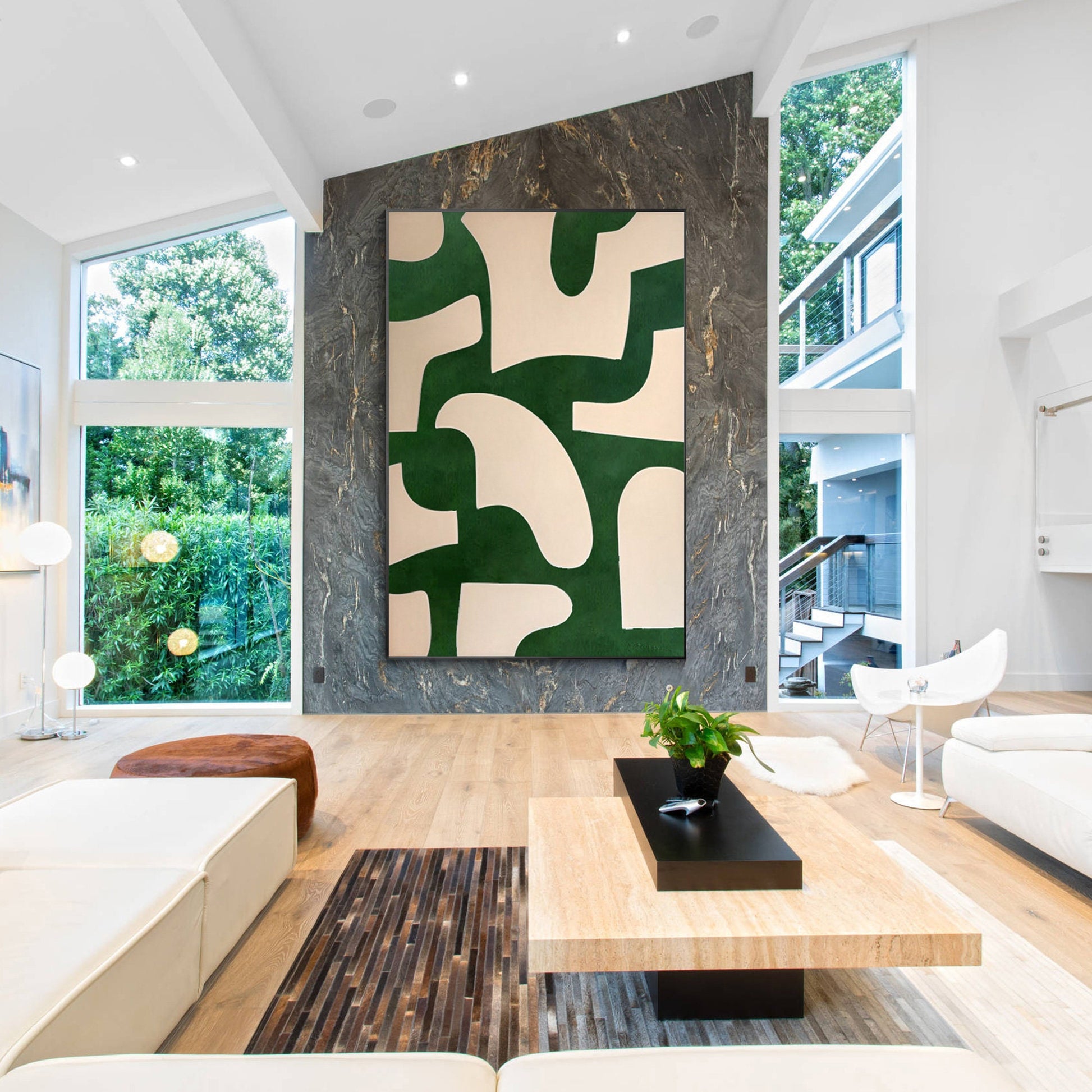 Beige Emerald Green Abstract Art Painting On Canvas, Minimalist Wall Art Vertica #4