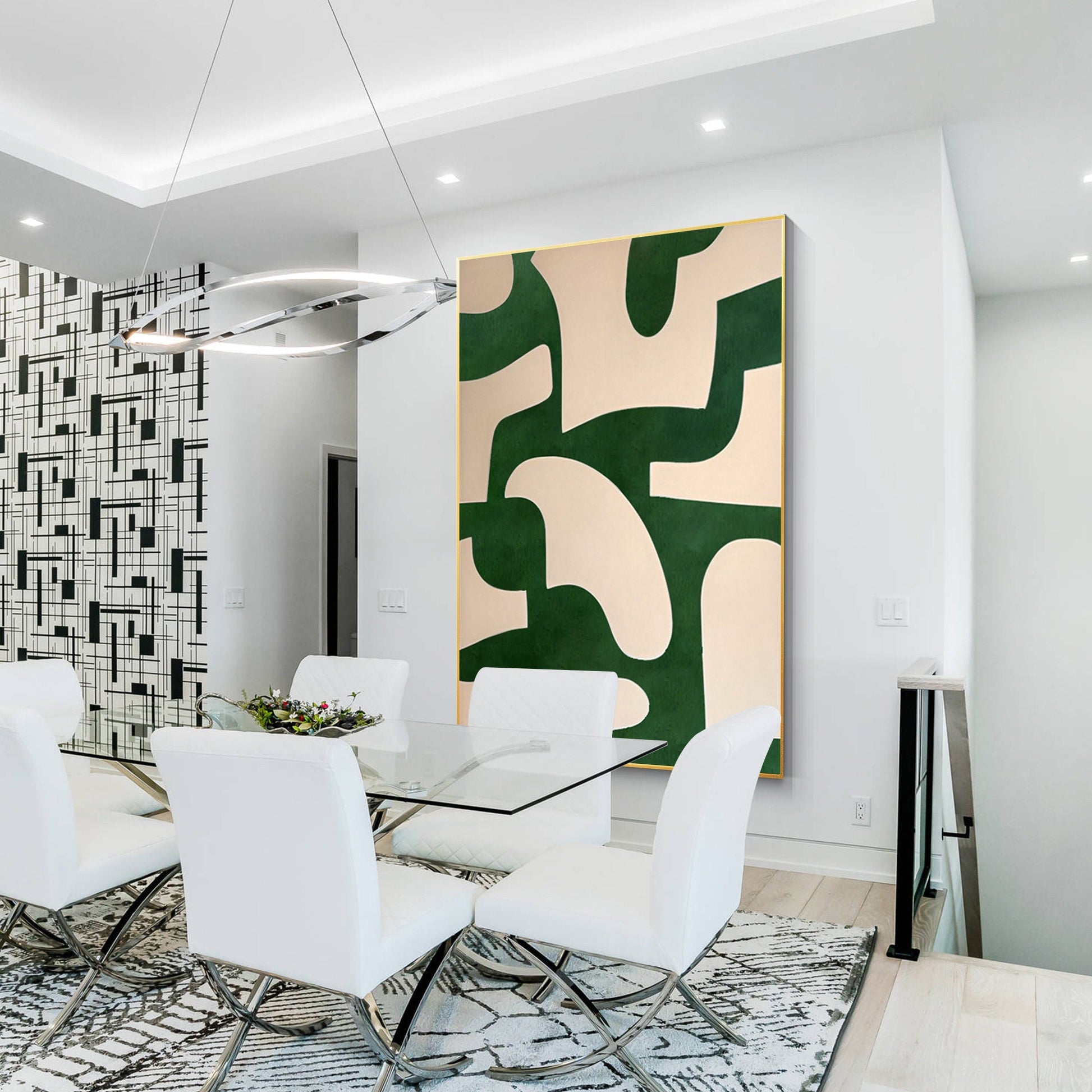 Beige Emerald Green Abstract Art Painting On Canvas, Minimalist Wall Art Vertica #5