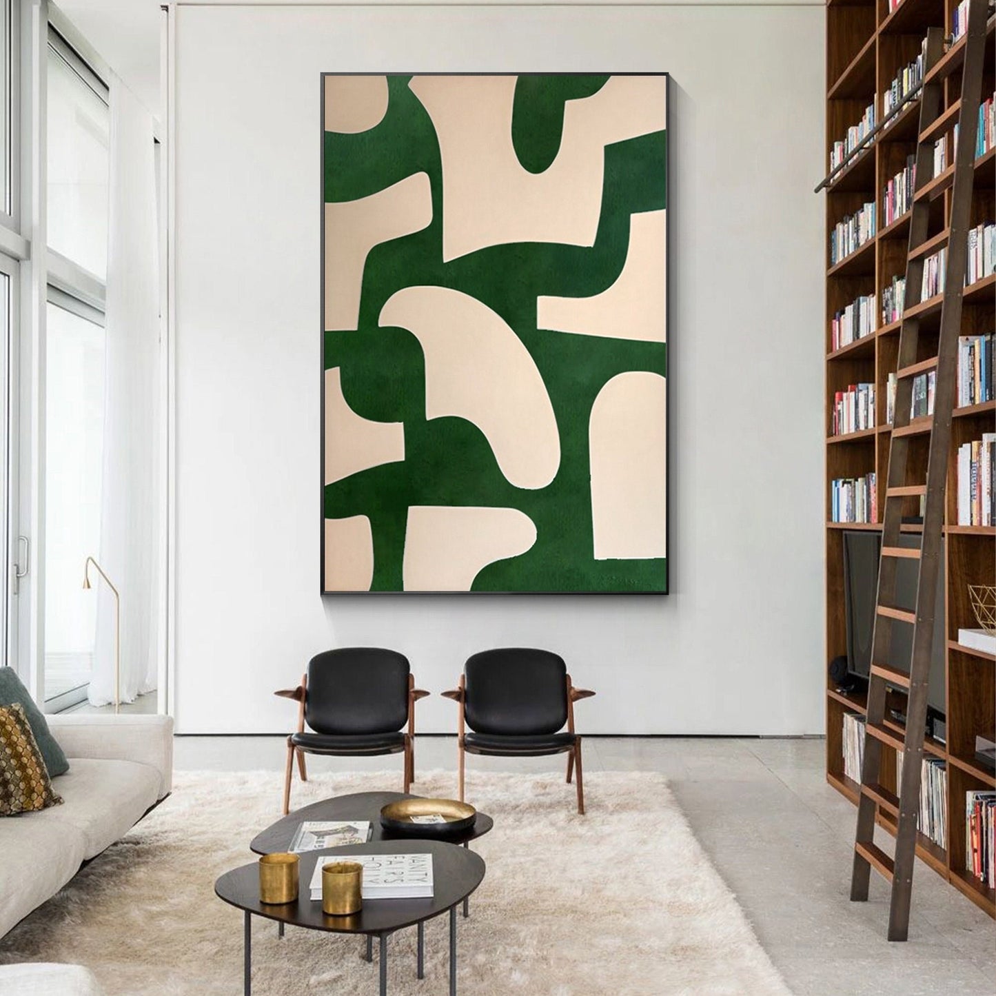 Beige Emerald Green Abstract Art Painting On Canvas, Minimalist Wall Art Vertica #1