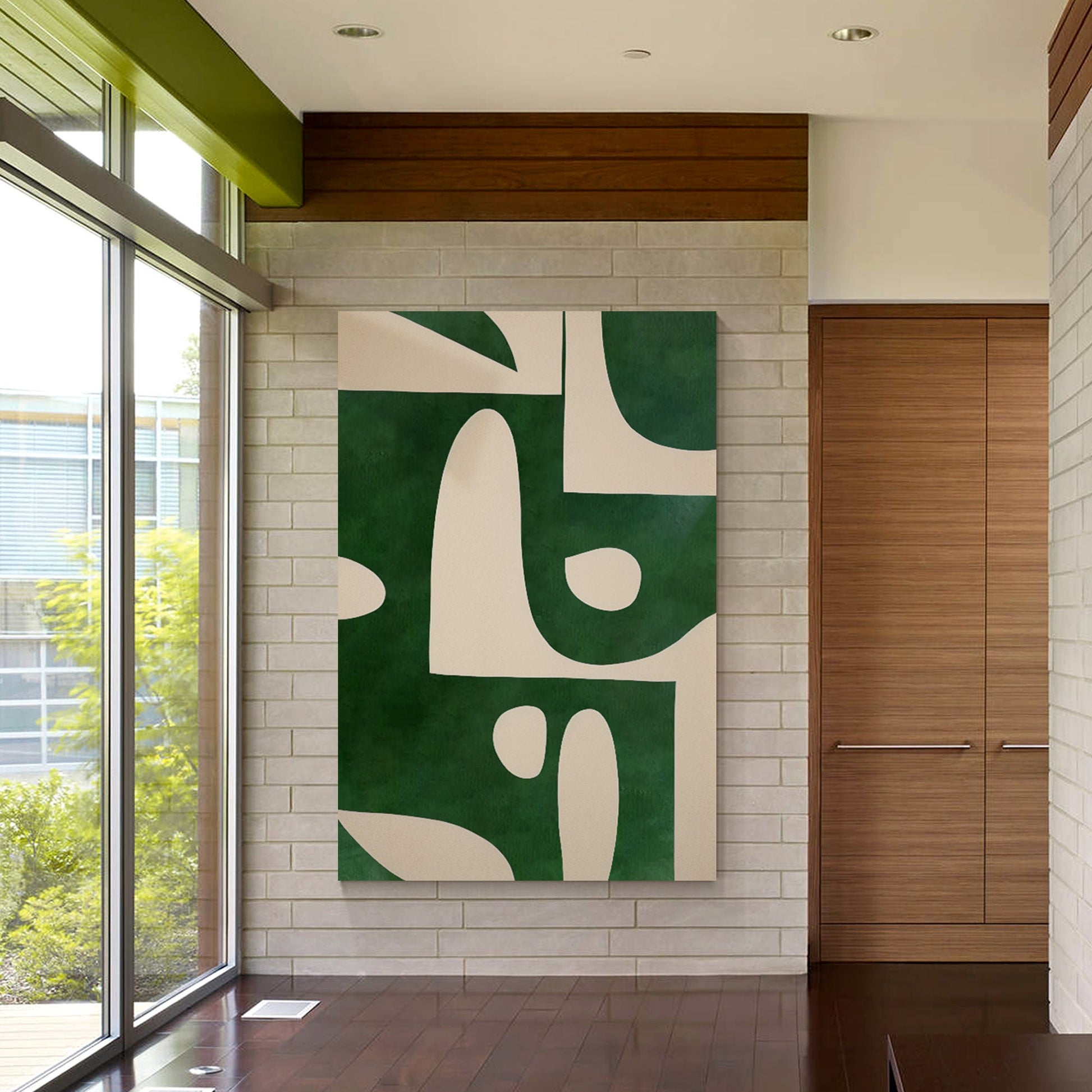 Beige Emerald Green Vertical Abstract Art Painting On Canvas, Minimalist Wall Ar #2