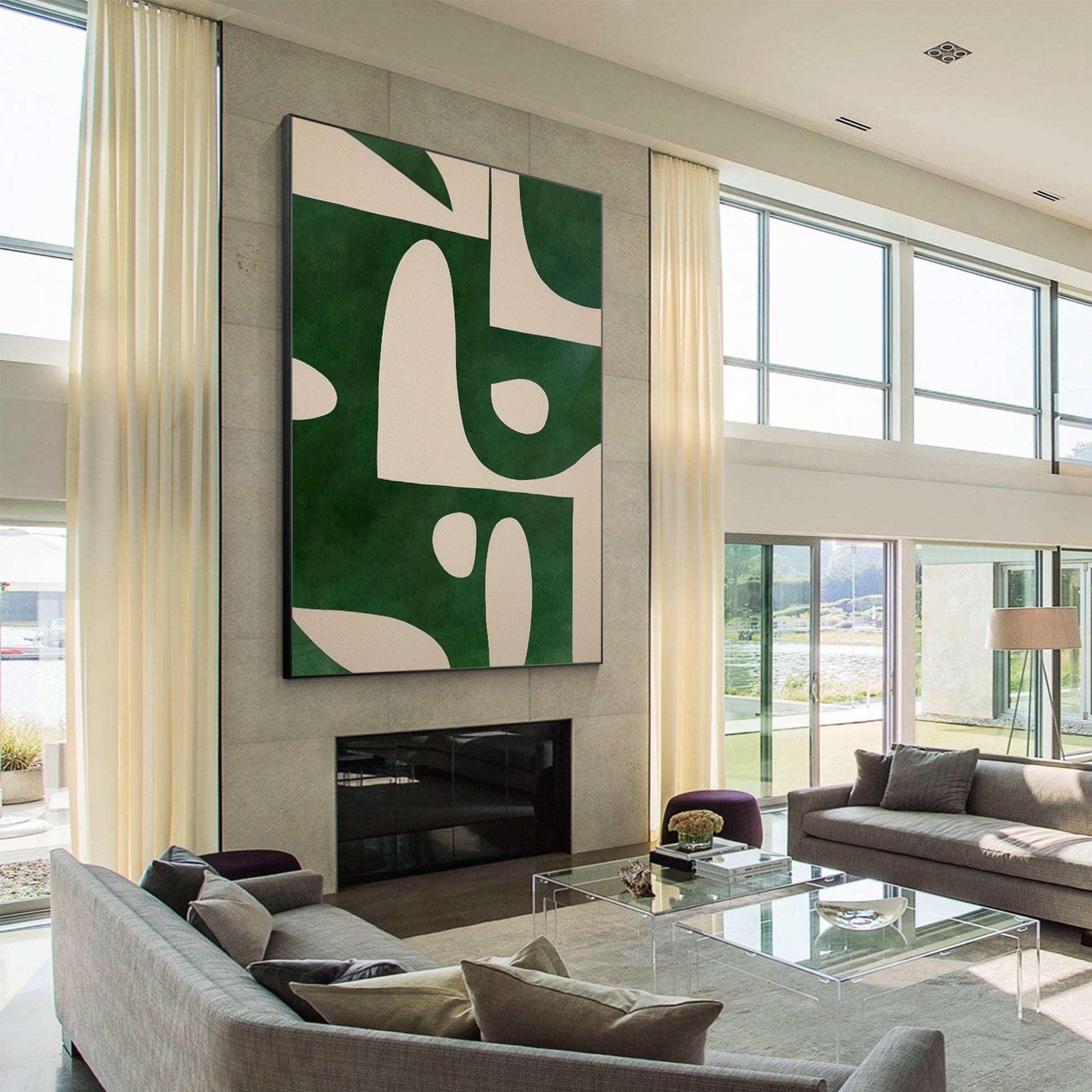 Beige Emerald Green Vertical Abstract Art Painting On Canvas, Minimalist Wall Ar #3