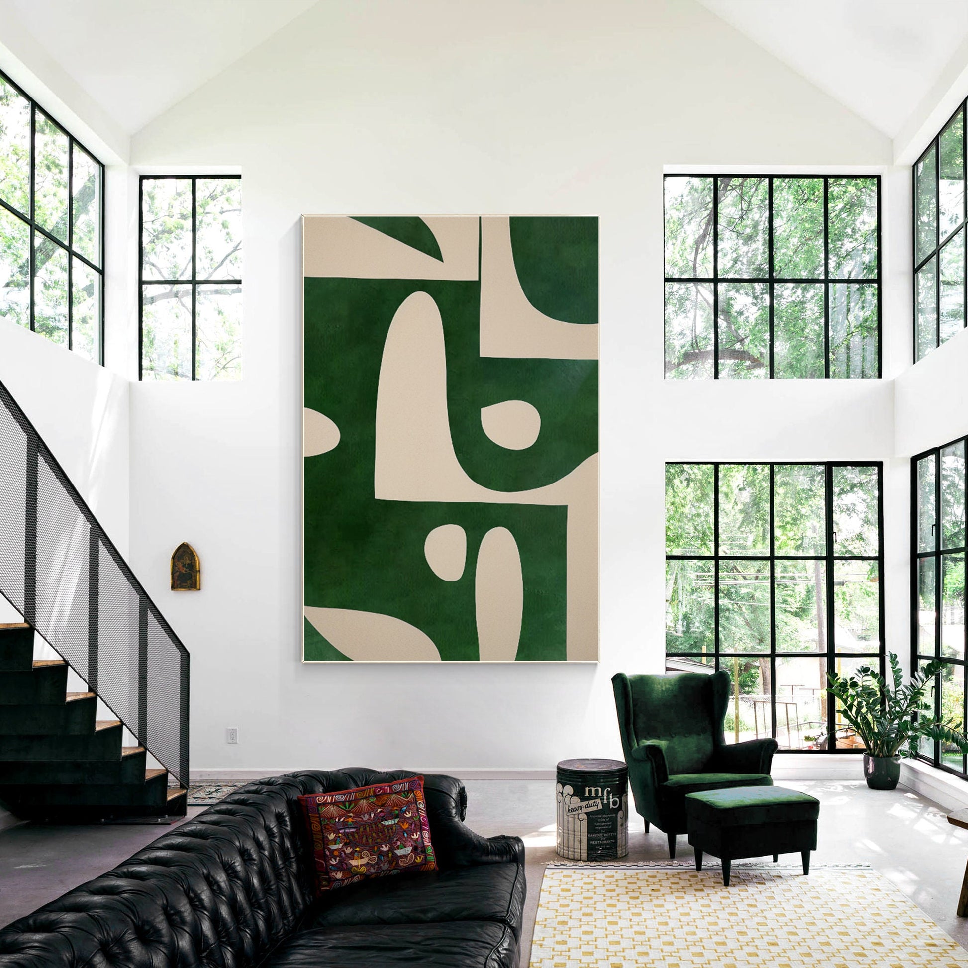 Beige Emerald Green Vertical Abstract Art Painting On Canvas, Minimalist Wall Ar #4