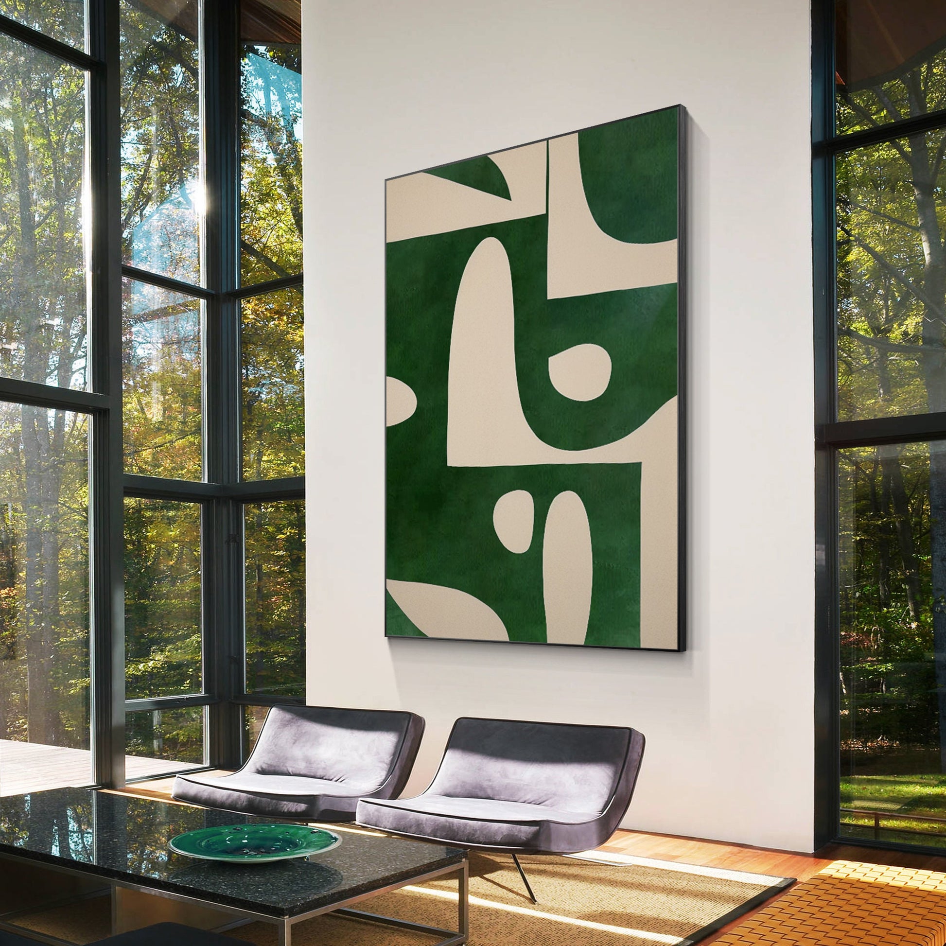 Beige Emerald Green Vertical Abstract Art Painting On Canvas, Minimalist Wall Ar #5