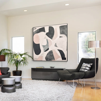 Beige Gray Geometric Painting: Extra Large Abstract Framed Canvas Art #2
