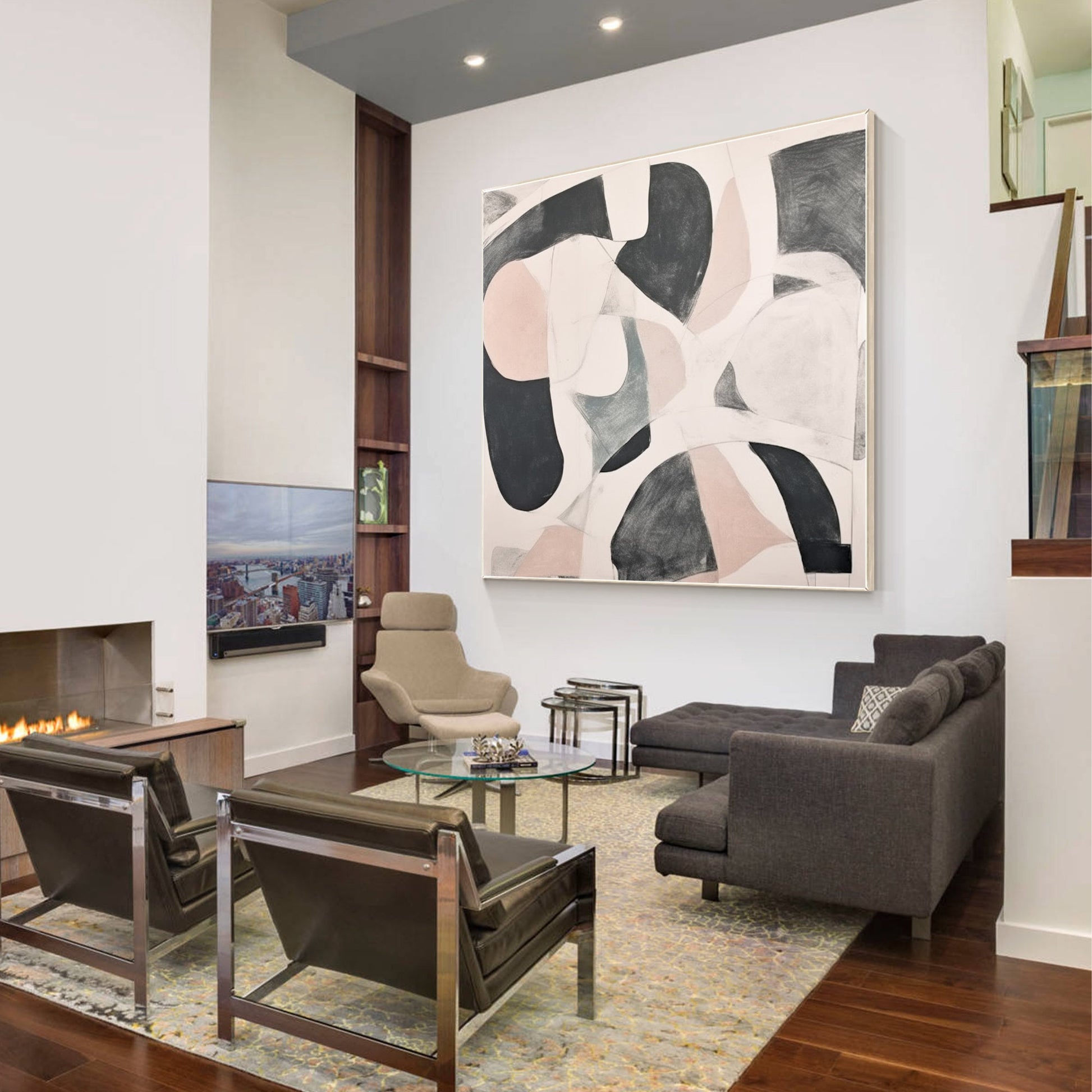 Beige Gray Geometric Painting: Extra Large Abstract Framed Canvas Art #3