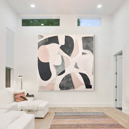 Beige Gray Geometric Painting: Extra Large Abstract Framed Canvas Art #4