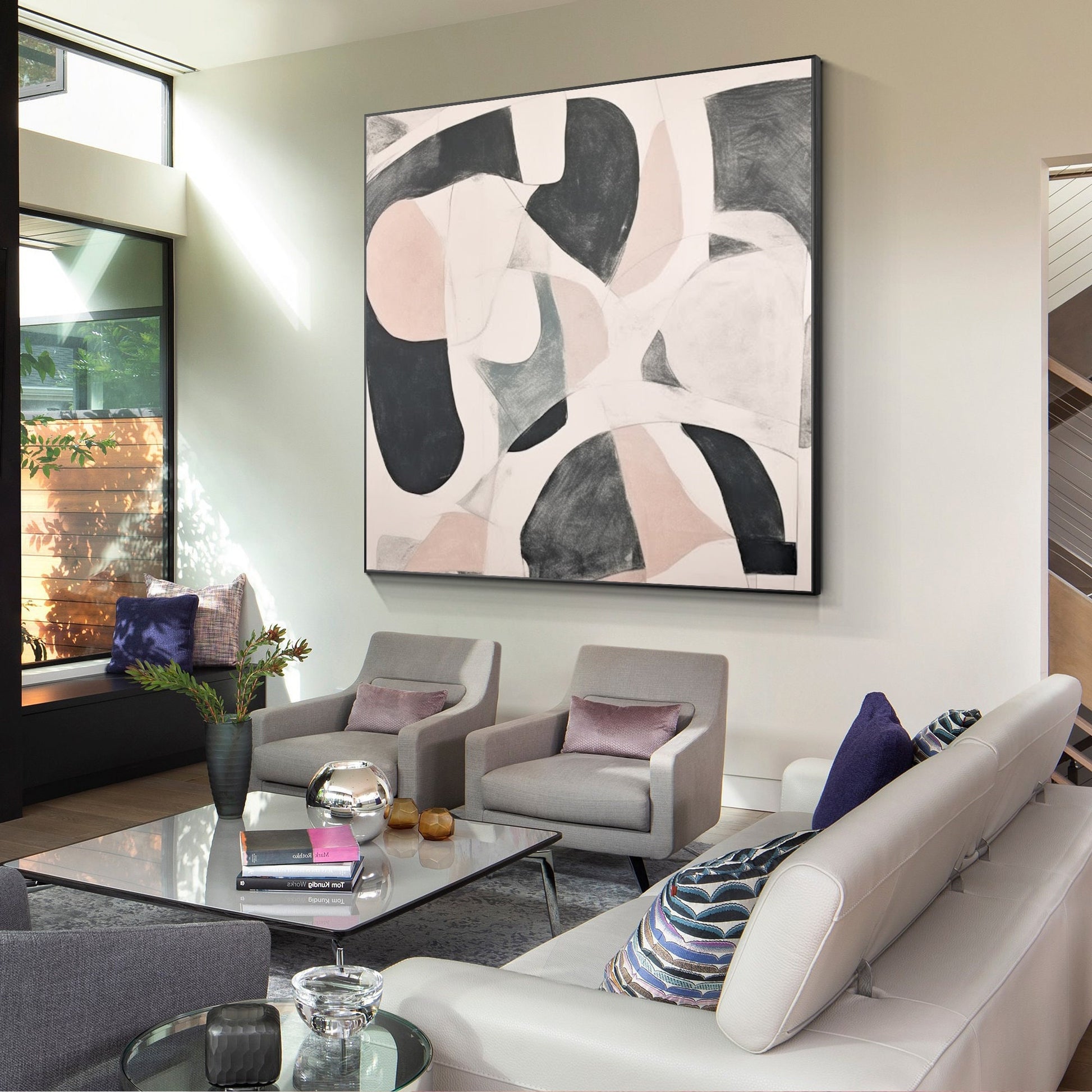 Beige Gray Geometric Painting: Extra Large Abstract Framed Canvas Art #1