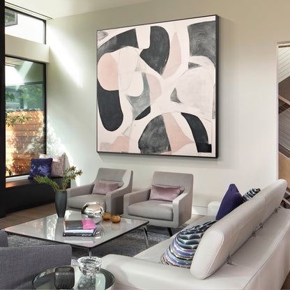 Beige Gray Geometric Painting: Extra Large Abstract Framed Canvas Art #1