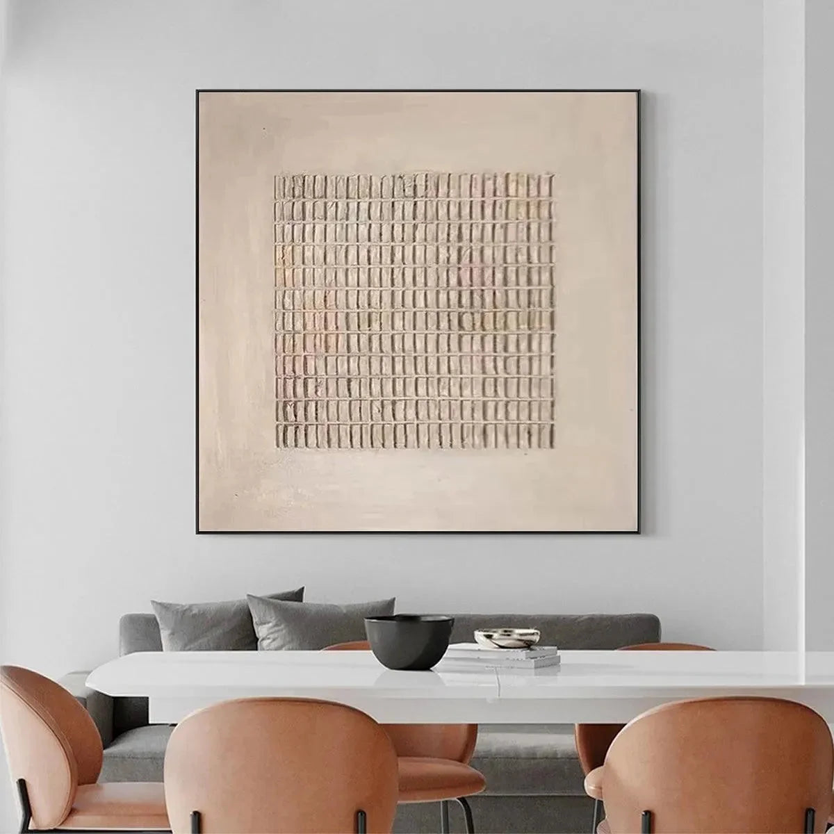 BEIGE GRID: Minimalist Textured Painting in Beige | gold frame stretched on neutral wall