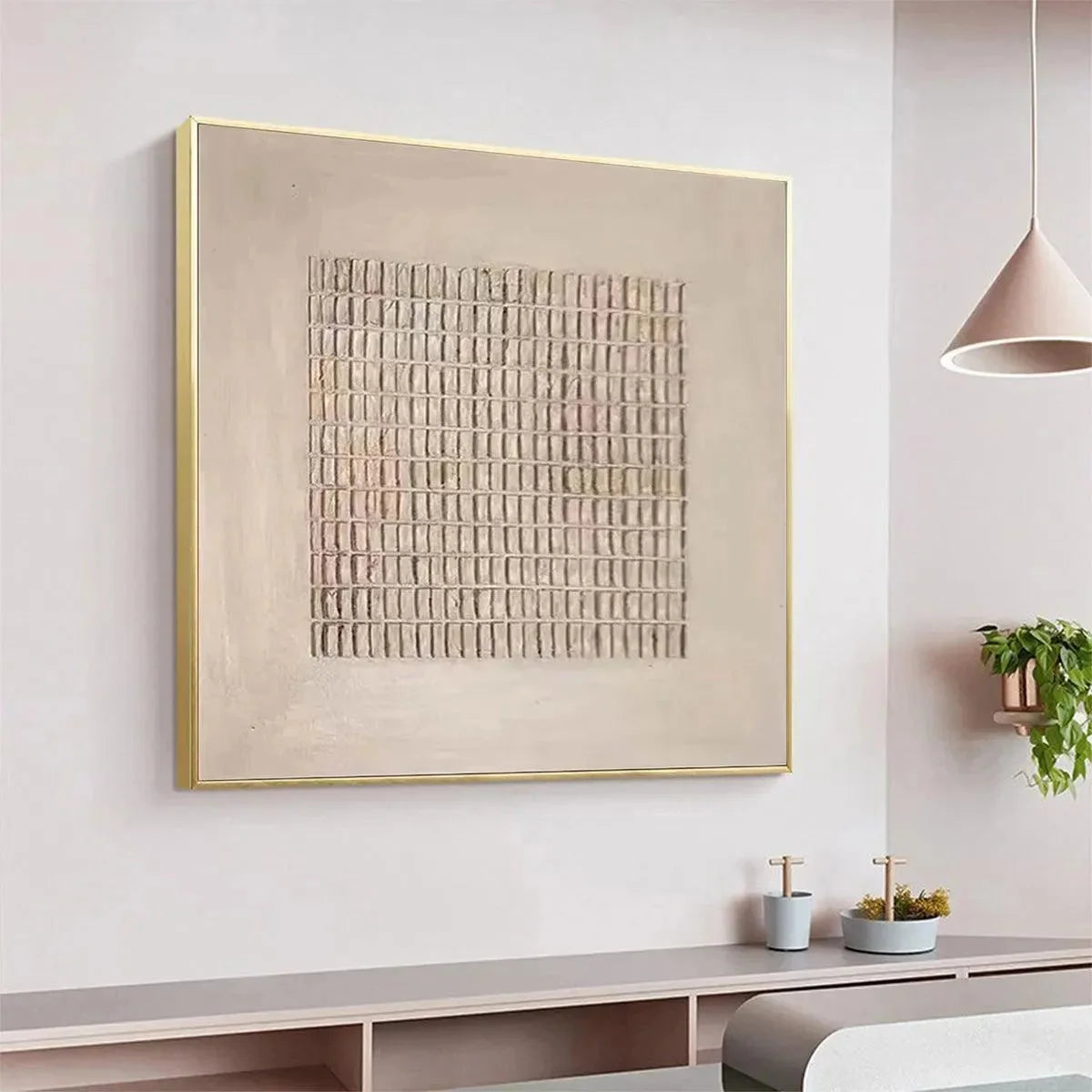 BEIGE GRID: Minimalist Textured Painting in Beige | rolled canvas, ready for custom framing
