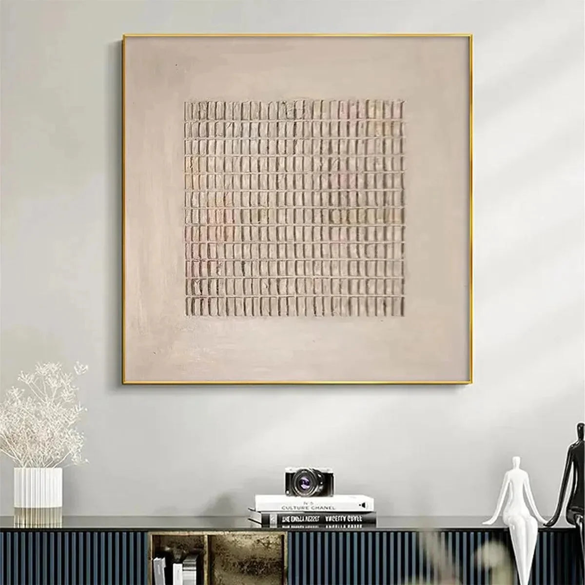BEIGE GRID: Minimalist Textured Painting in Beige | beige palette, original Hand-painted on premium stretched canvas using artist-grade oils; rich layered surface combines smooth gradients with tac...