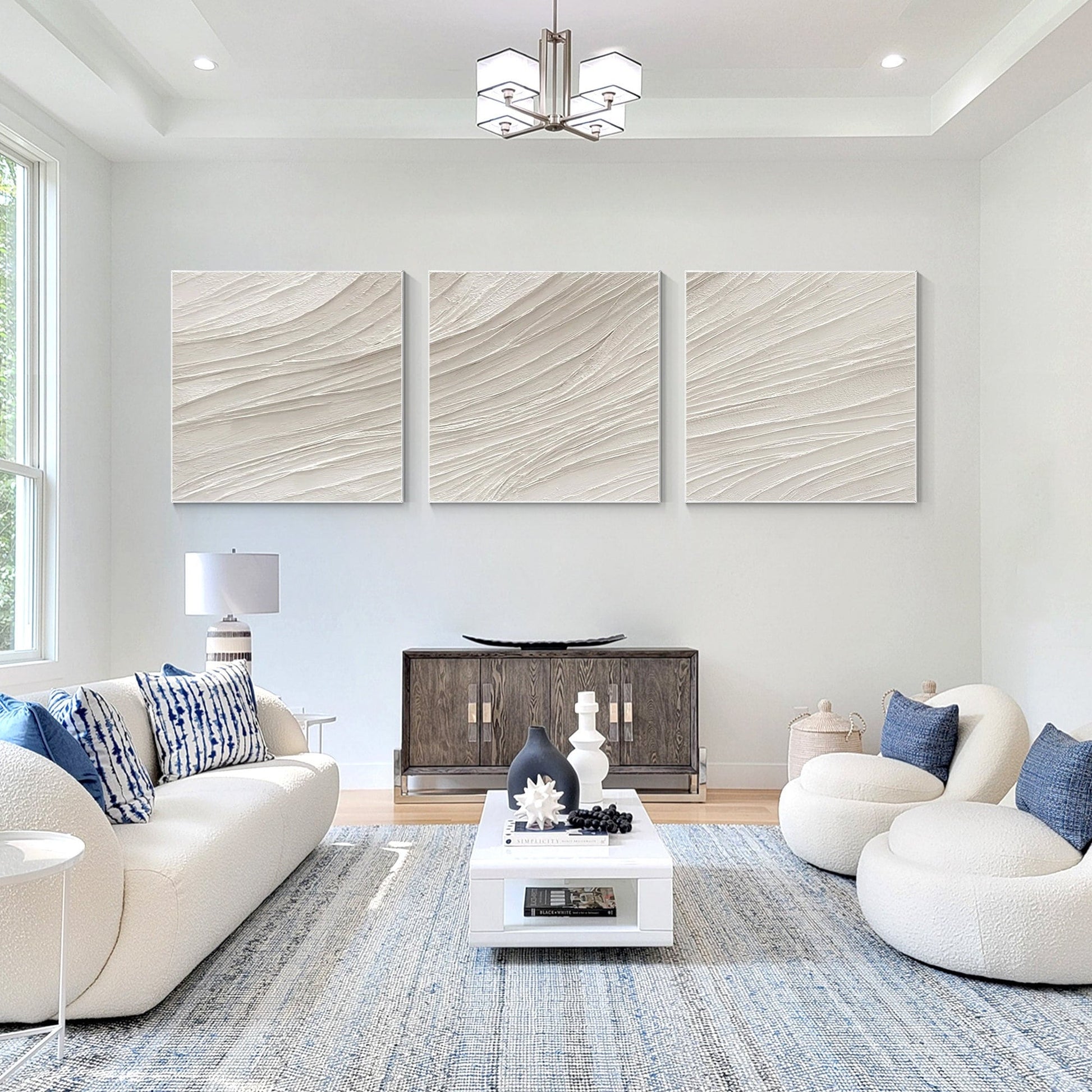 Beige Minimalist Painting Triptych Wall Art: White Textured Acrylic Canvas Art #2
