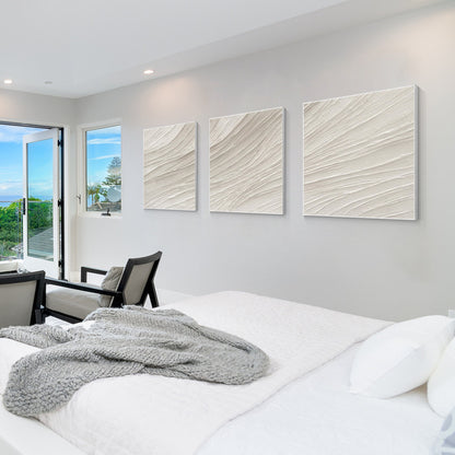 Beige Minimalist Painting Triptych Wall Art: White Textured Acrylic Canvas Art #3