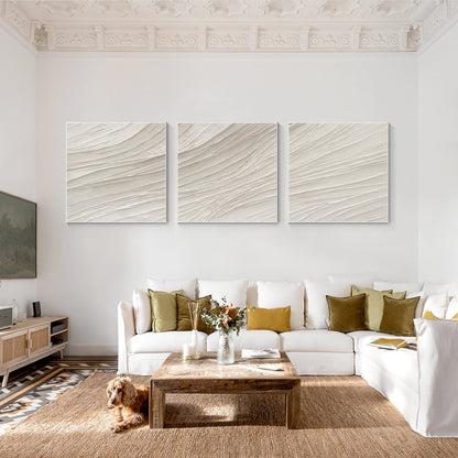 Beige Minimalist Painting Triptych Wall Art: White Textured Acrylic Canvas Art #4