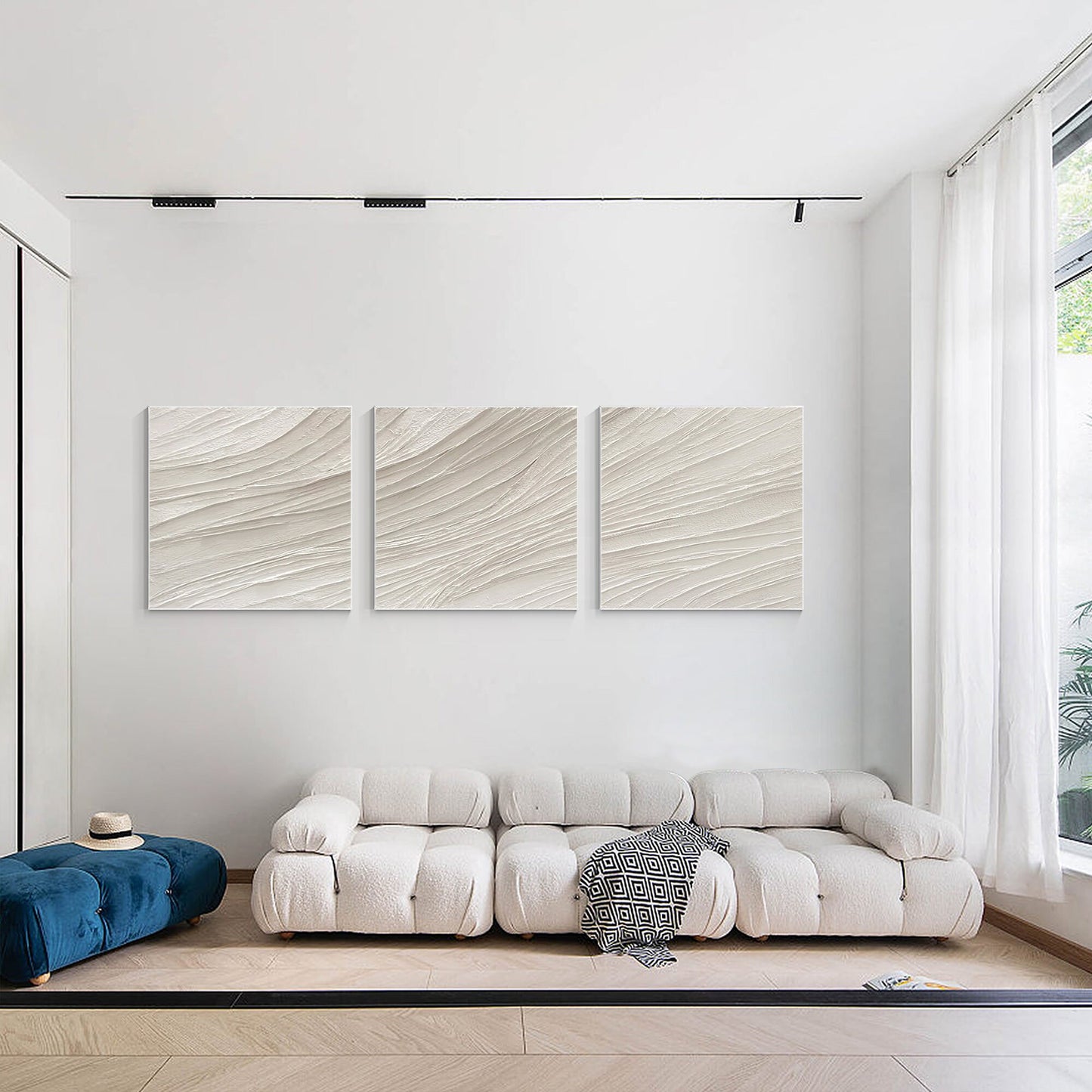 Beige Minimalist Painting Triptych Wall Art: White Textured Acrylic Canvas Art #5