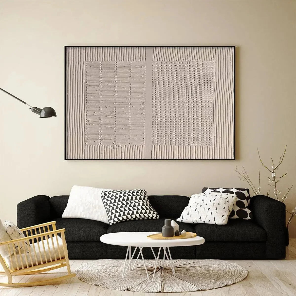 BEIGE TEXTURE DIPTYCH: Textured Abstract Painting | gold frame stretched on neutral wall