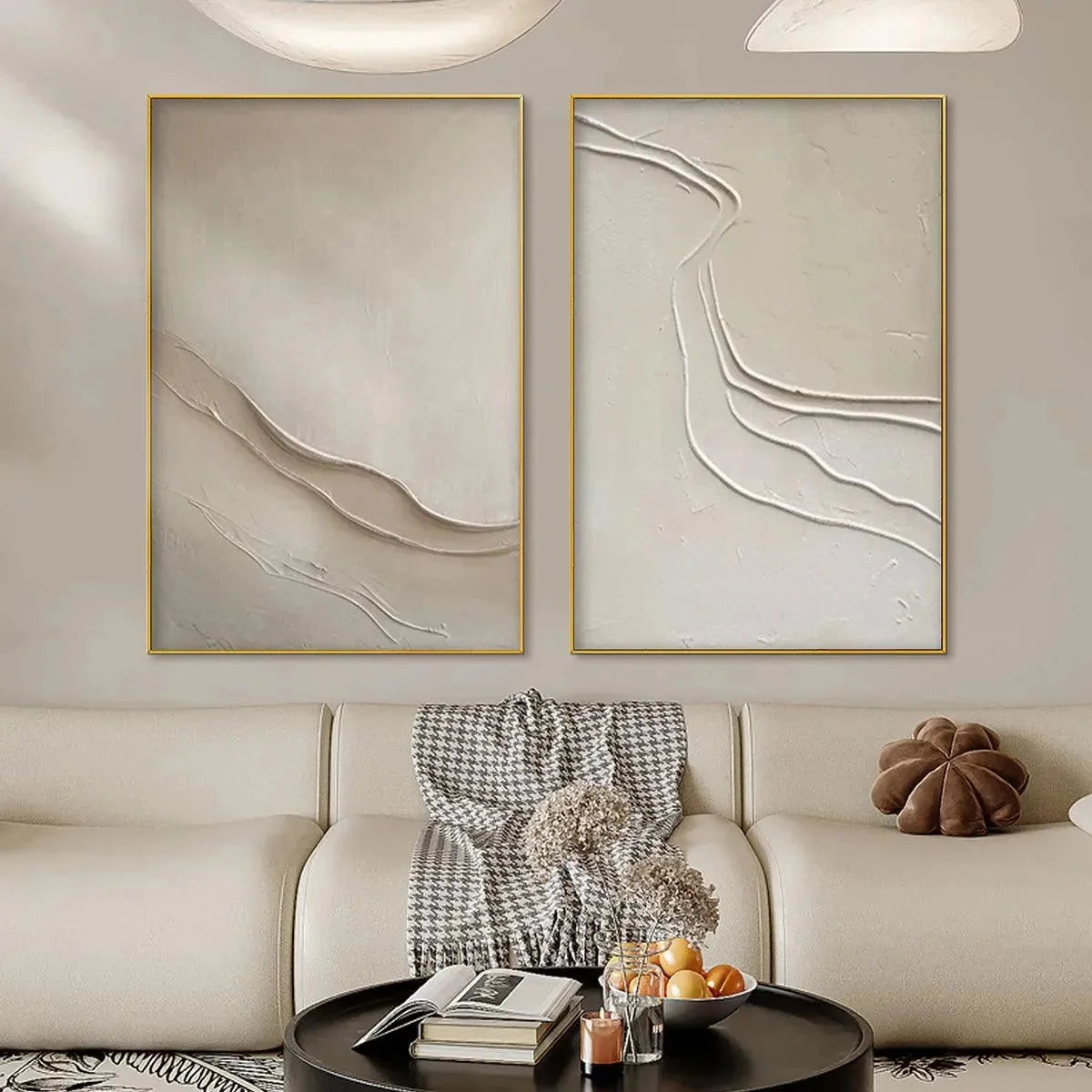 BEIGE TEXTURED ABSTRACT DIPTYCH: Textured Abstract Painting | textured minimalist closeup, raised brushwork detail