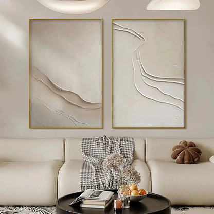 BEIGE TEXTURED ABSTRACT DIPTYCH: Textured Abstract Painting | textured minimalist closeup, raised brushwork detail