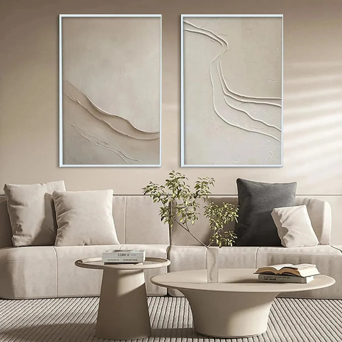 BEIGE TEXTURED ABSTRACT DIPTYCH: Textured Abstract Painting | gold frame stretched on neutral wall