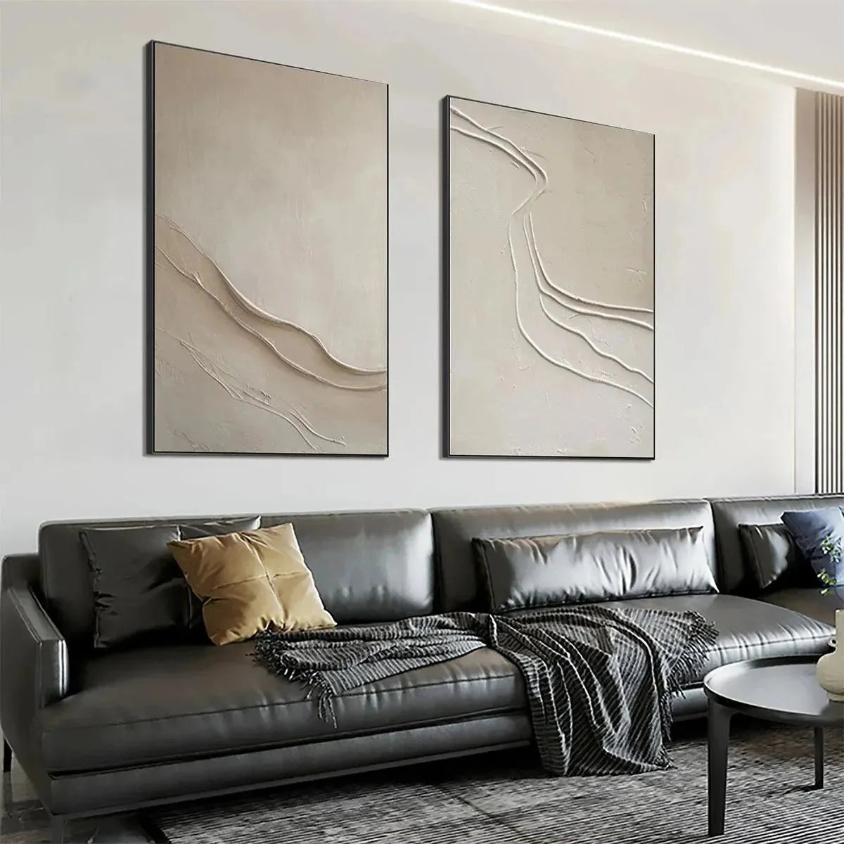 BEIGE TEXTURED ABSTRACT DIPTYCH: Textured Abstract Painting | rolled canvas, ready for custom framing