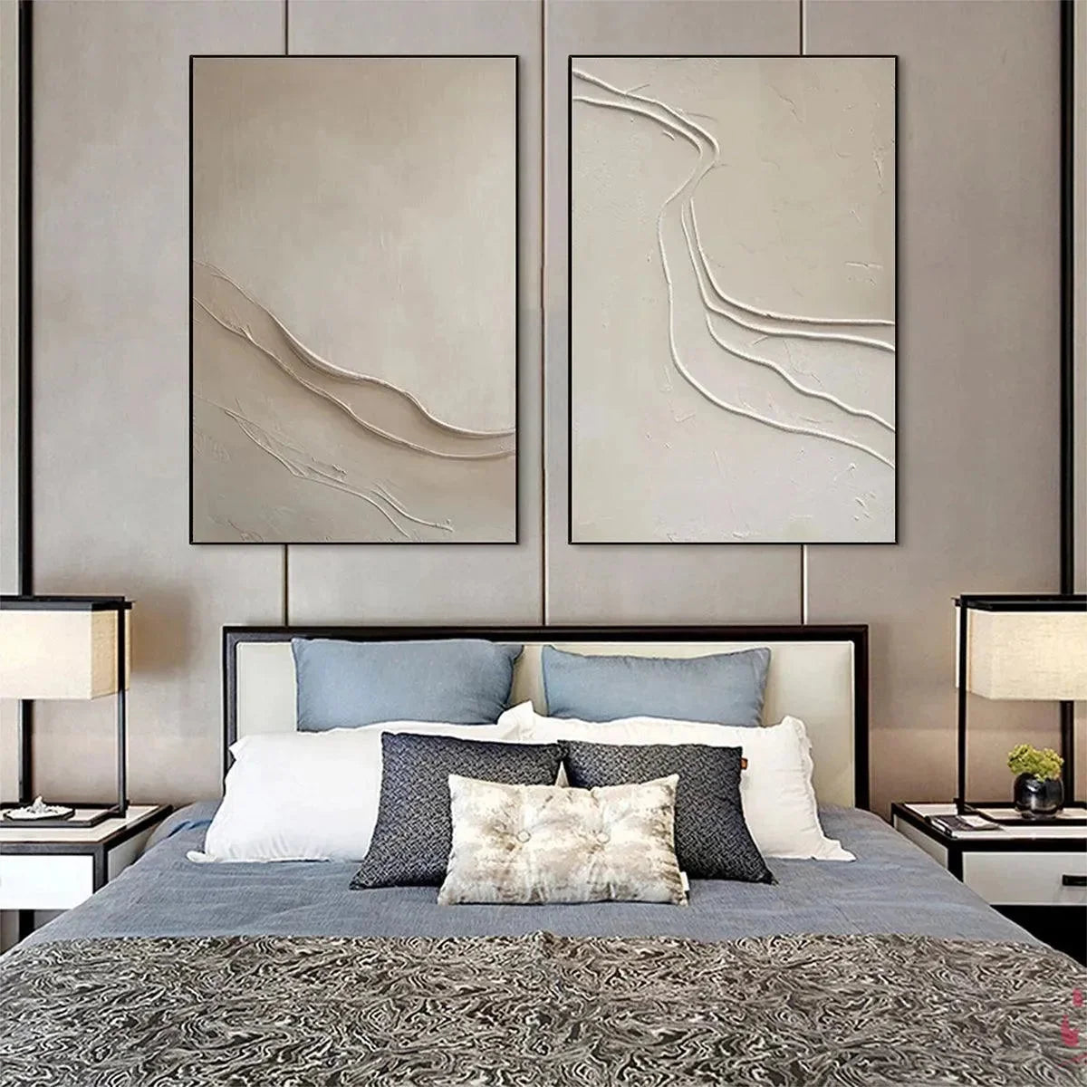 BEIGE TEXTURED ABSTRACT DIPTYCH: Textured Abstract Painting | textured minimalist mood, soft natural light studio shot