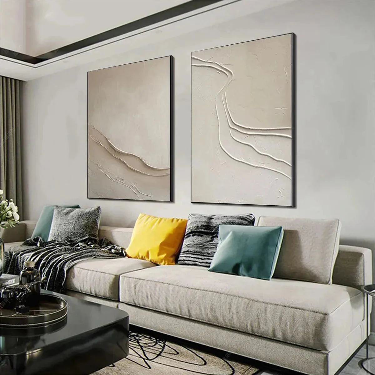 BEIGE TEXTURED ABSTRACT DIPTYCH: Textured Abstract Painting | beige palette, original bedroom art