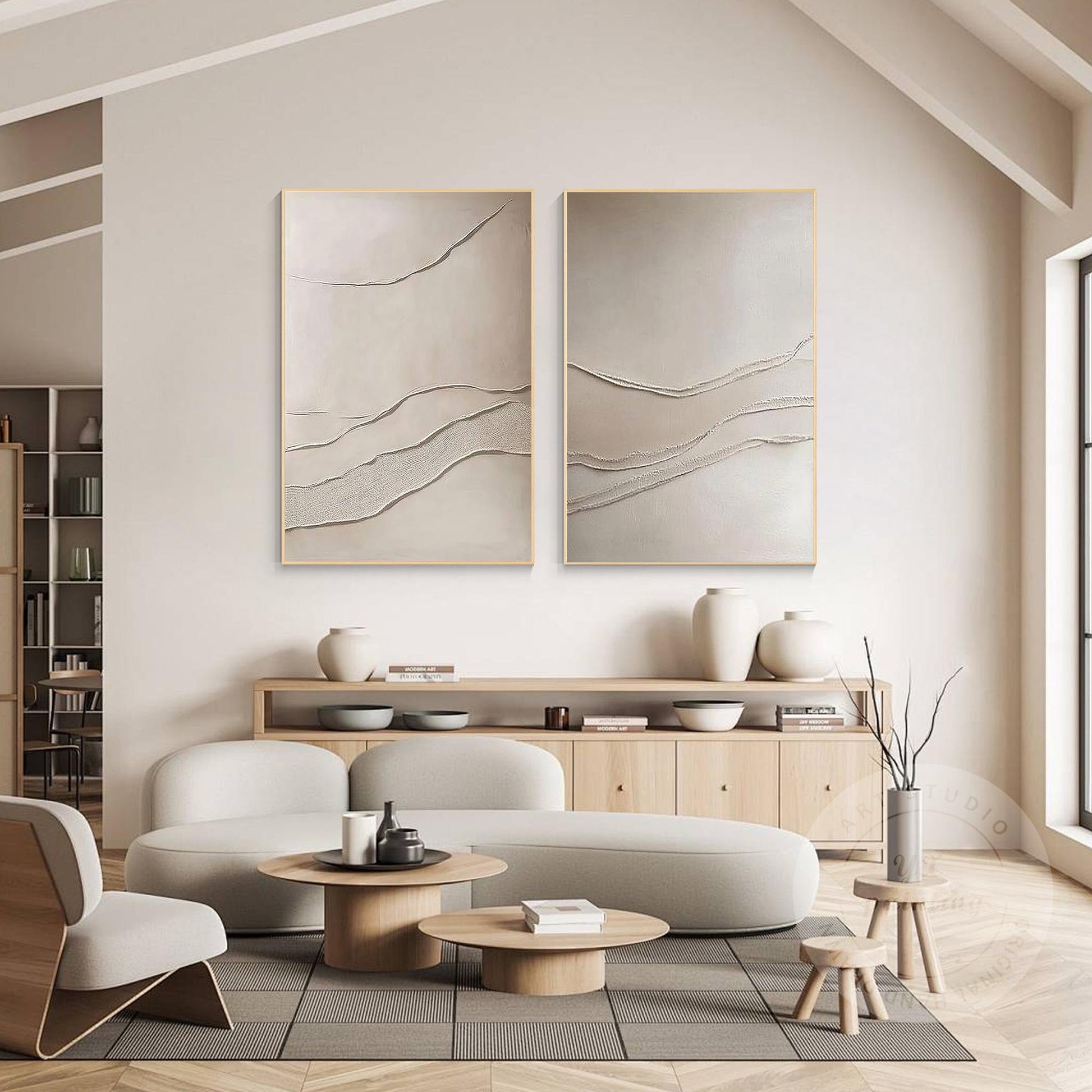 Beige Textured Abstract Painting Set: 3D Plaster Canvas Art #5