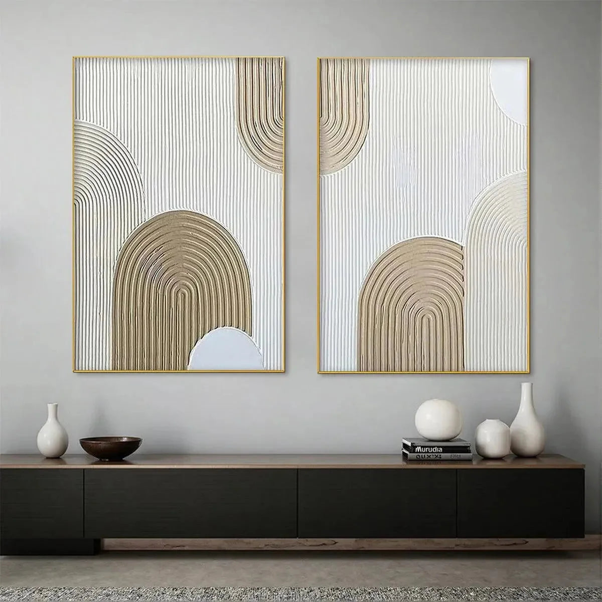 BEIGE TEXTURED ARCHES DIPTYCH: Textured Abstract Painting Set of 2, Vertical Wall Art | Abstract closeup, raised brushwork detail