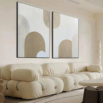 BEIGE TEXTURED ARCHES DIPTYCH: Textured Abstract Painting Set of 2, Vertical Wall Art | gold frame stretched on neutral wall