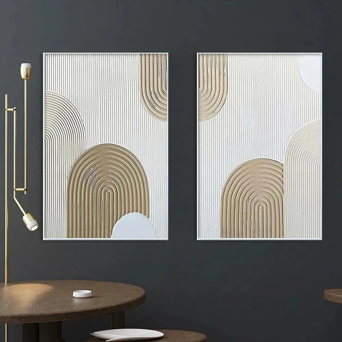 BEIGE TEXTURED ARCHES DIPTYCH: Textured Abstract Painting Set of 2, Vertical Wall Art | Abstract mood, soft natural light studio shot