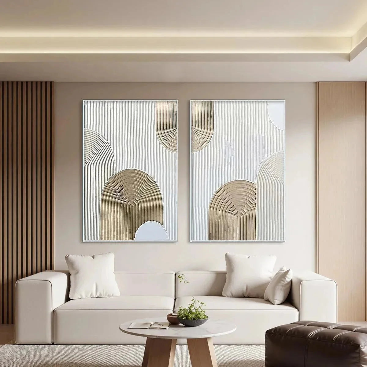BEIGE TEXTURED ARCHES DIPTYCH: Textured Abstract Painting Set of 2, Vertical Wall Art | beige palette, original Hand-painted on premium stretched canvas using artist-grade oils; rich layered surfac...