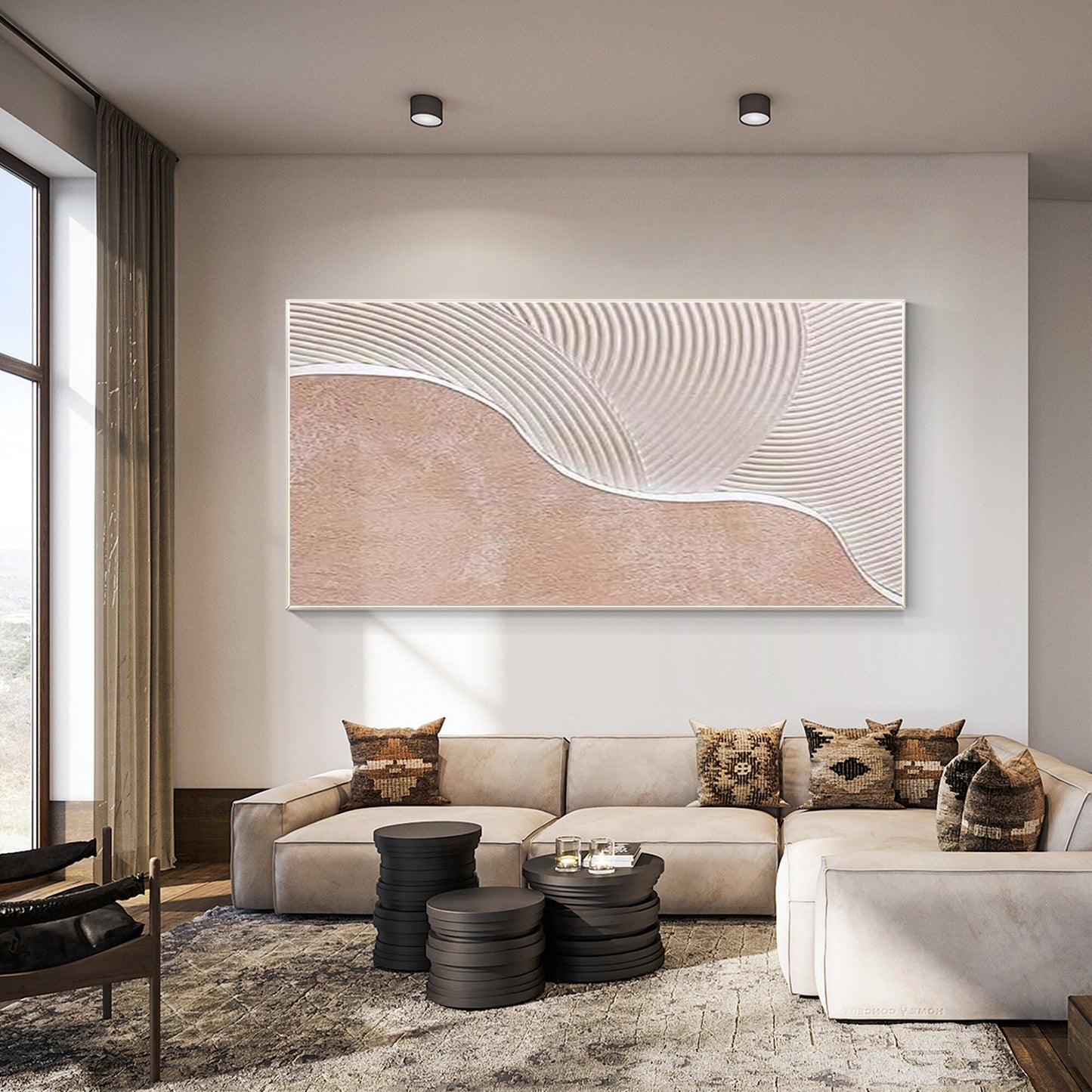 Beige White Heavy Texture Abstract Painting On Canvas, Long Extra Large Horizont #5