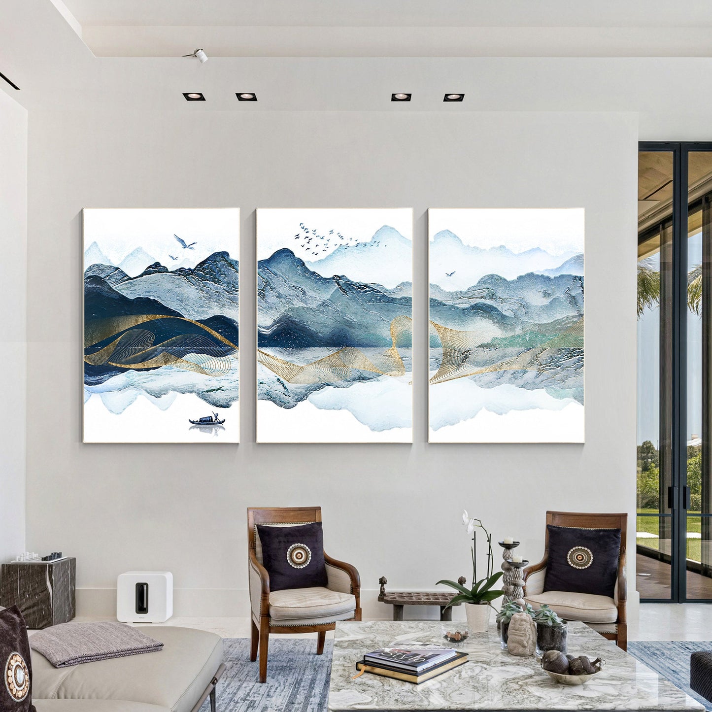 Berg schilderij prints, set van 3 muurkunst prints, abstract goud groenblauw ber #1