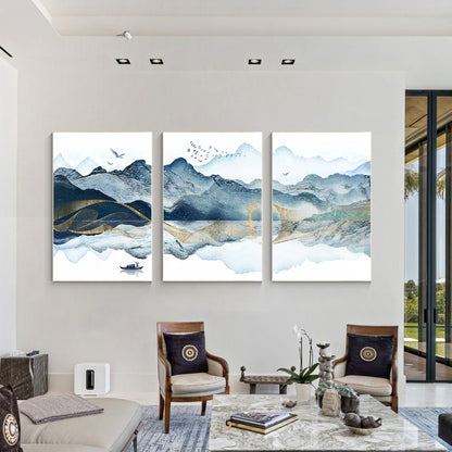 Berg schilderij prints, set van 3 muurkunst prints, abstract goud groenblauw ber #1