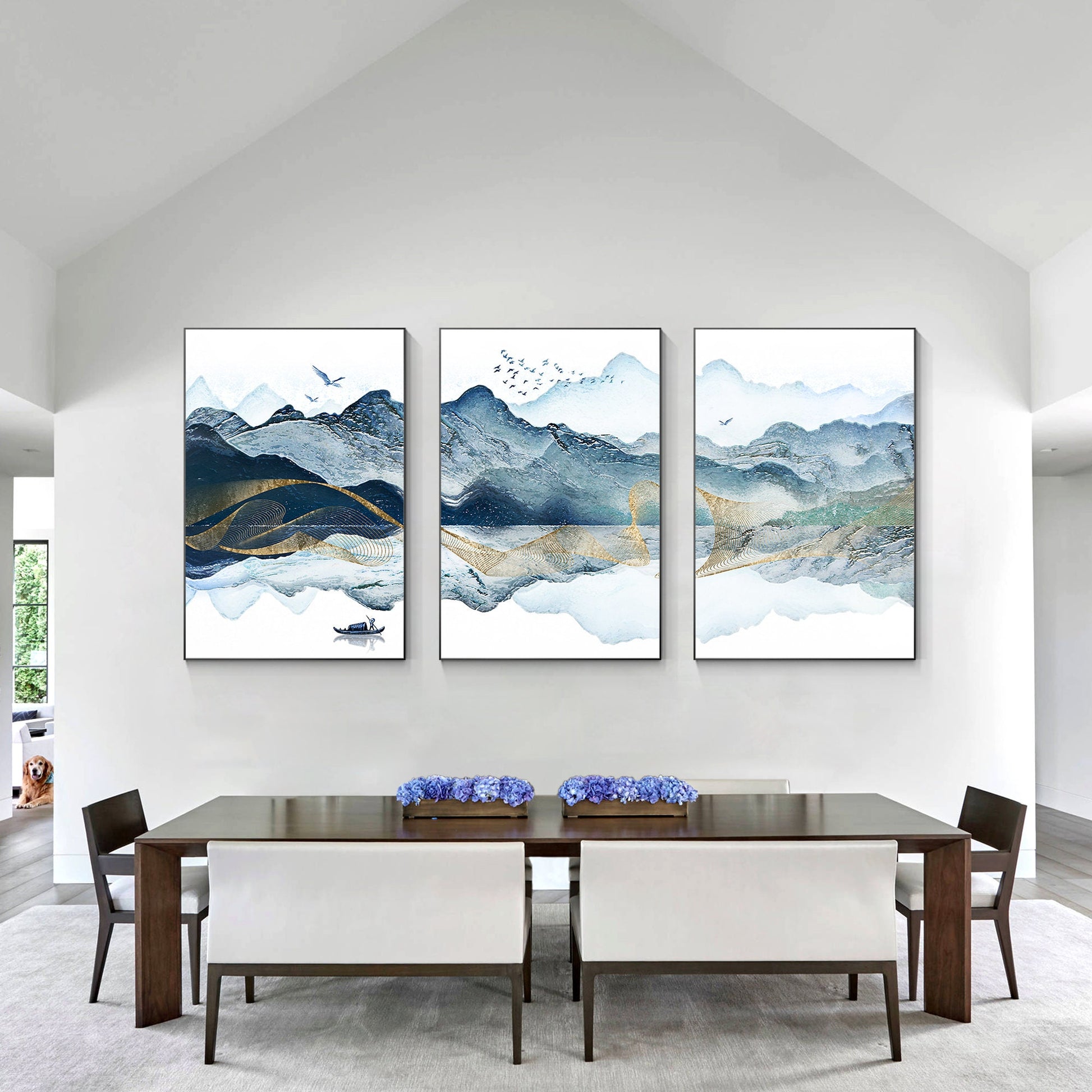 Berg schilderij prints, set van 3 muurkunst prints, abstract goud groenblauw ber #2