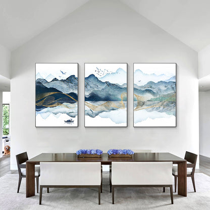 Berg schilderij prints, set van 3 muurkunst prints, abstract goud groenblauw ber #2