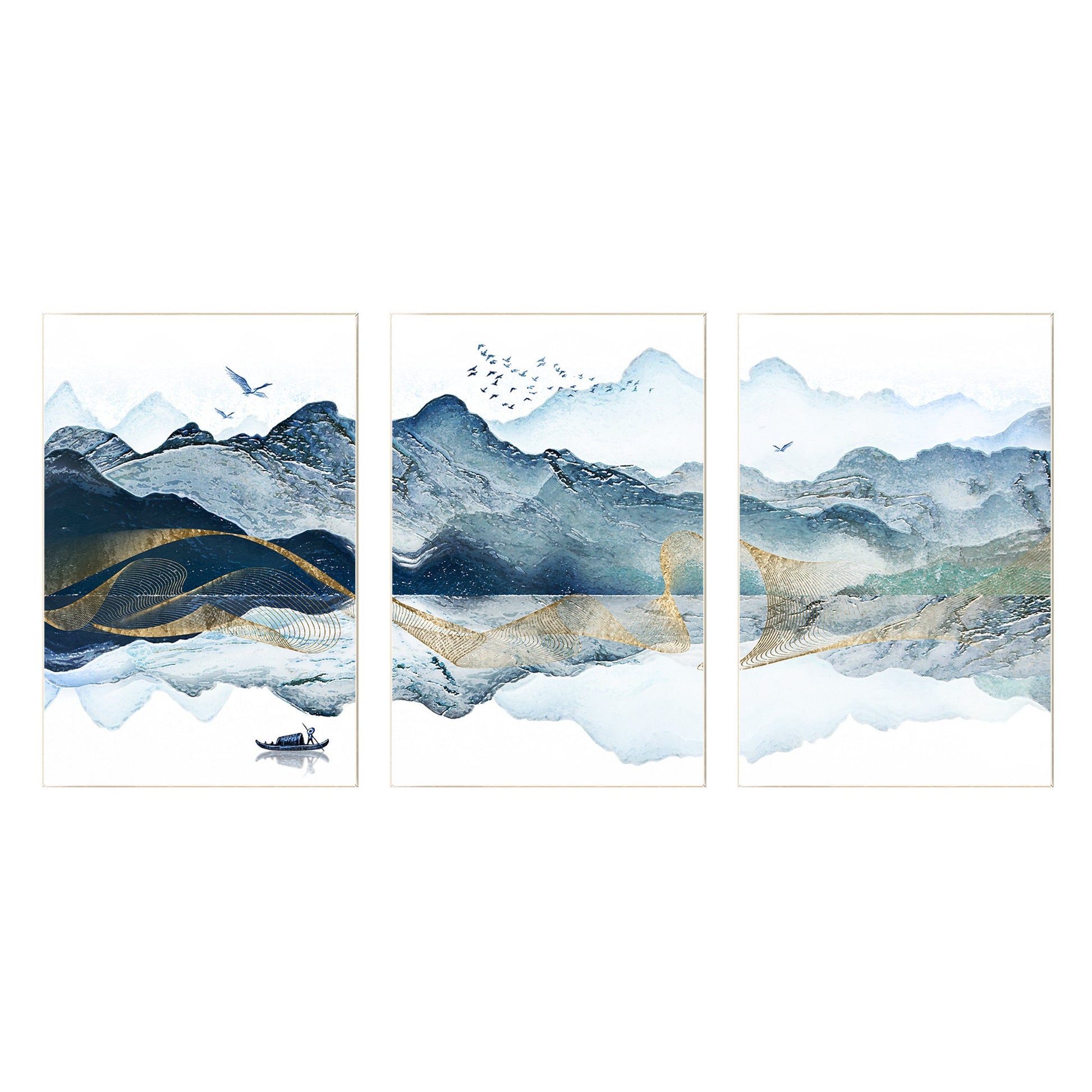 Berg schilderij prints, set van 3 muurkunst prints, abstract goud groenblauw ber #7