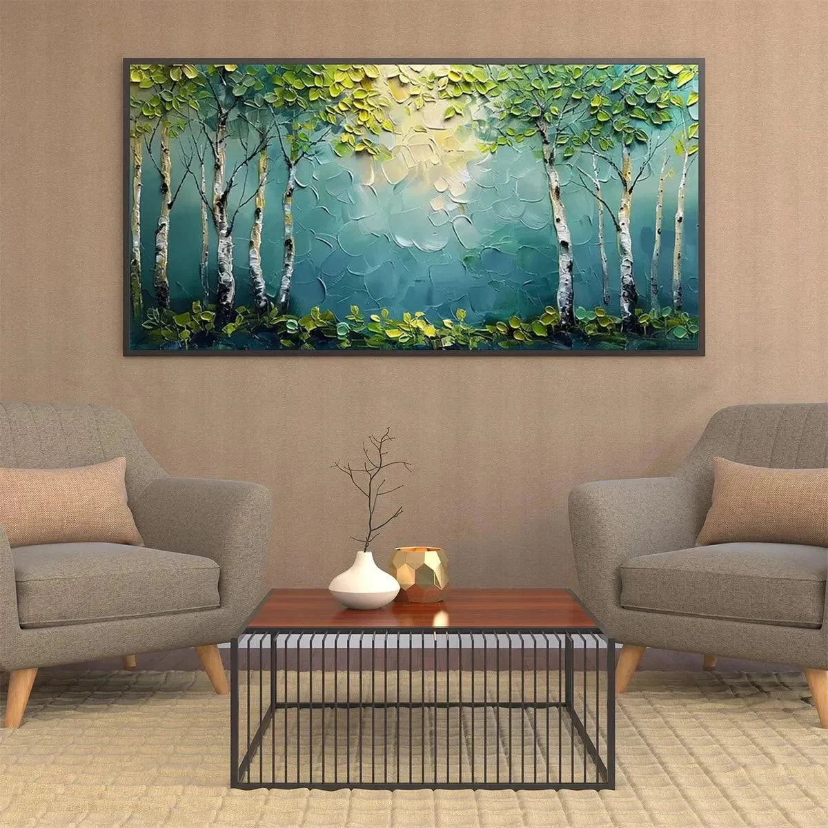 BIRCH GROVE: Textured Forest Painting, Impasto Wall Art | gold frame stretched on neutral wall
