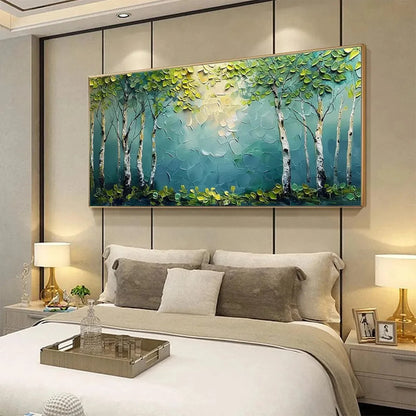 BIRCH GROVE: Textured Forest Painting, Impasto Wall Art | textured impasto mood, soft natural light studio shot